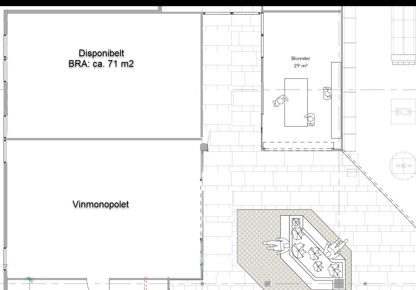Ledig areal for butikk i plan 1 (merket "Disponibelt"). Skissen viser planlagt utforming av arealet etter flytting av vegger. Galleribilde