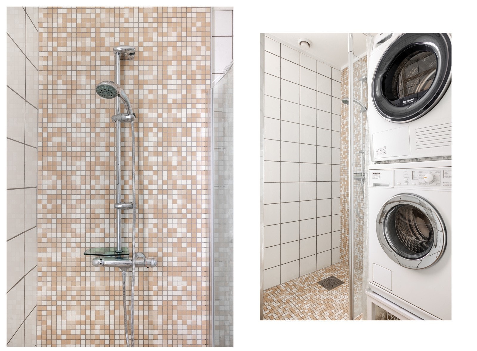 Varmekabler på badet og adskilt dusjhjørne med opplegg til vaskemaskin/tørketrommel. Galleribilde