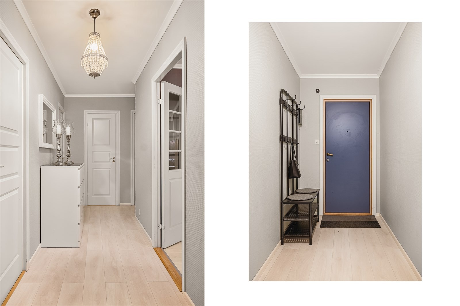 Den romslige gangen gir et godt førsteinntrykk og har plass til oppbevaring av yttertøy og sko Galleribilde