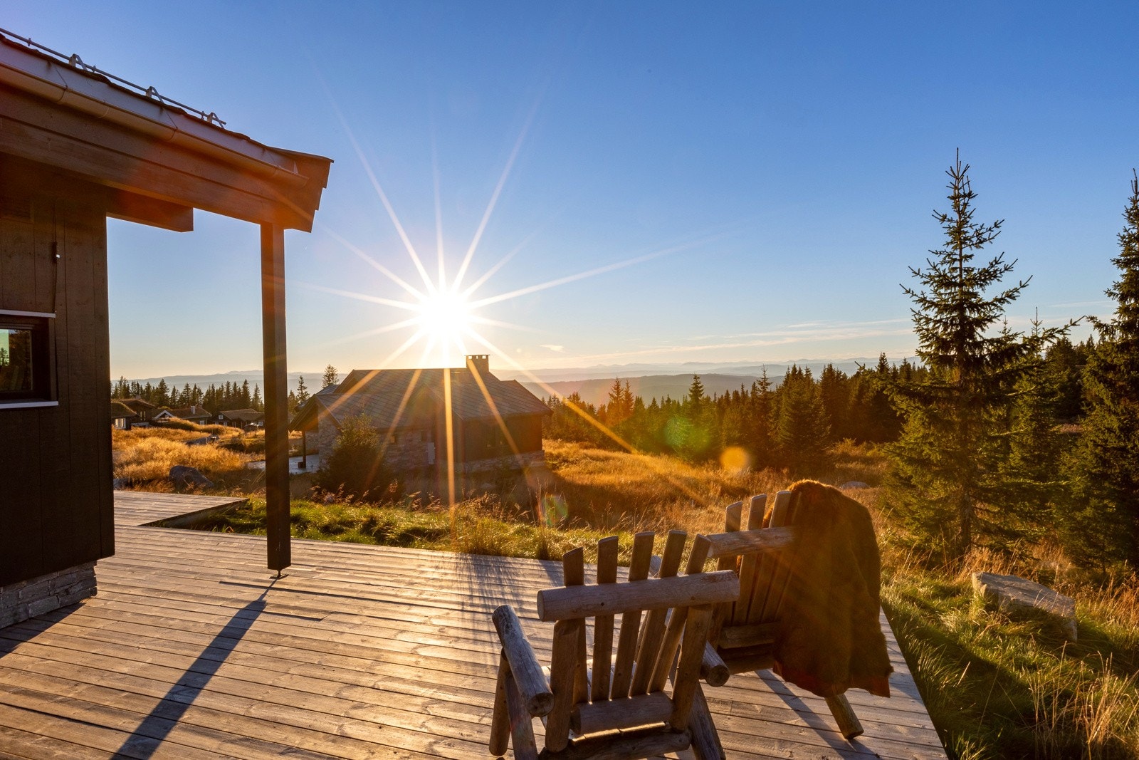 Hytta ligger på en høyde og har noe naturlig beplantning. Galleribilde