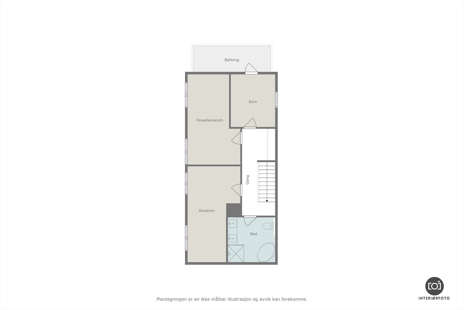 Plantegning andre etasje. Rom er godkjent som garderobe, men benyttes i dag som soverom. Endringen er ikke omsøkt. Galleribilde