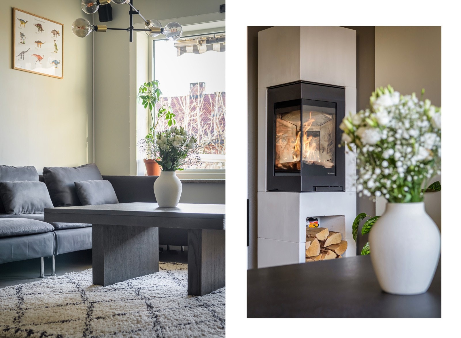 I stuen er det etablert en flott peisovn som varmer godt på kalde høst- og vinterdager. Galleribilde