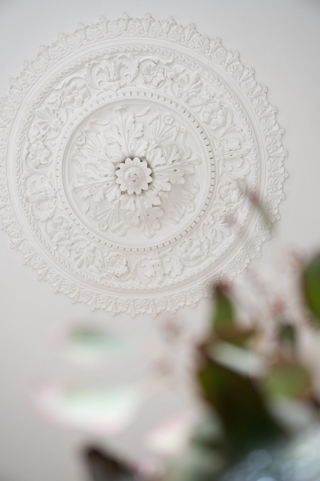 Leiligheten har klassiske detaljer som rosetter Galleribilde