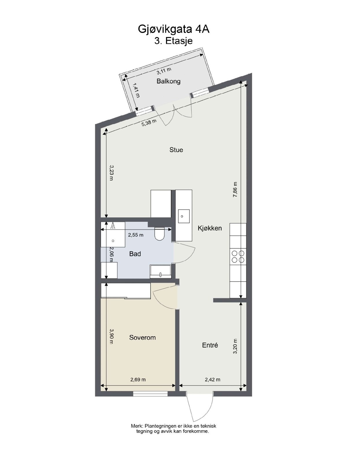 Plantegning. Leiligheten ligger i byggets 3. etasje med heisadkomst.. Galleribilde