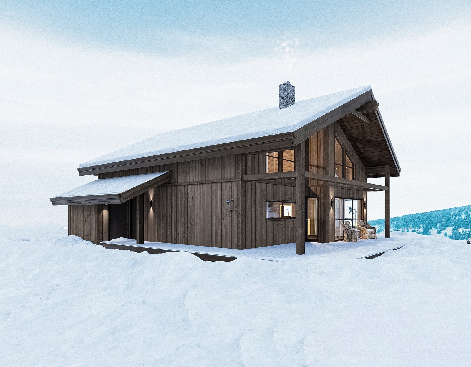 En moderne fjellhytte med store vinduer og lun stemning Galleribilde