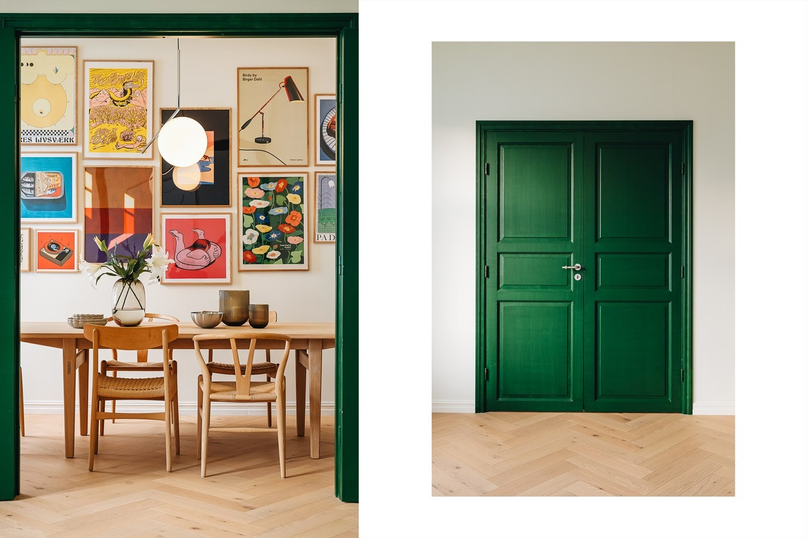 En grønnmalt, tofløyet dør leder videre inn til den separate spisestuen. Galleribilde