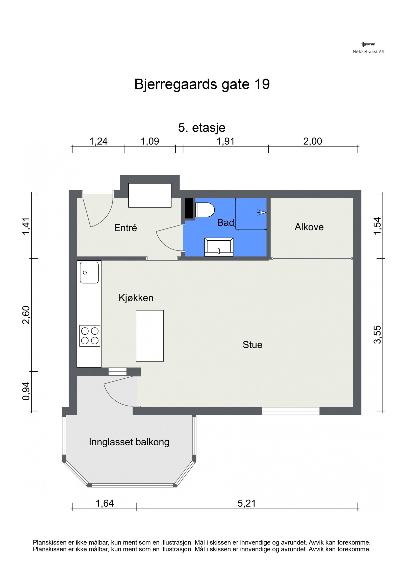 Planskisse Bjerregaards gate 19 (5.etg 34 kvm BRA-i): Entré med skap og plass til kommode, åpen kjøkken- og stueløsning, sovelakove med skyvedører og baderom. Innglasset balkong på 7 kvm. Galleribilde