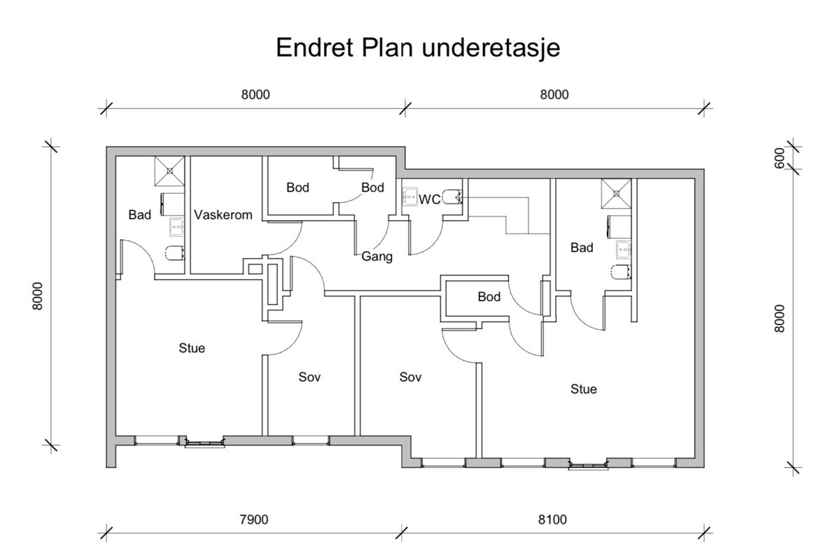 Plantegning underetasje. Her er det fleksibel løsning med mulighet for 1 eller 2 hybler Galleribilde