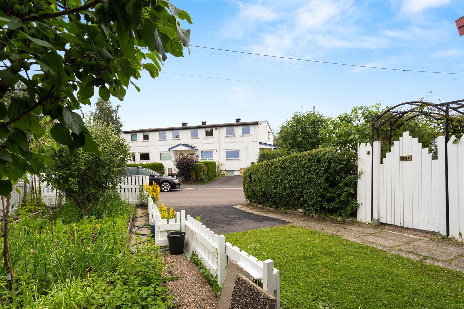 Hagedel med nyttevekster langs biloppstillingsplass og plen i forlengelse av p-plassen Galleribilde