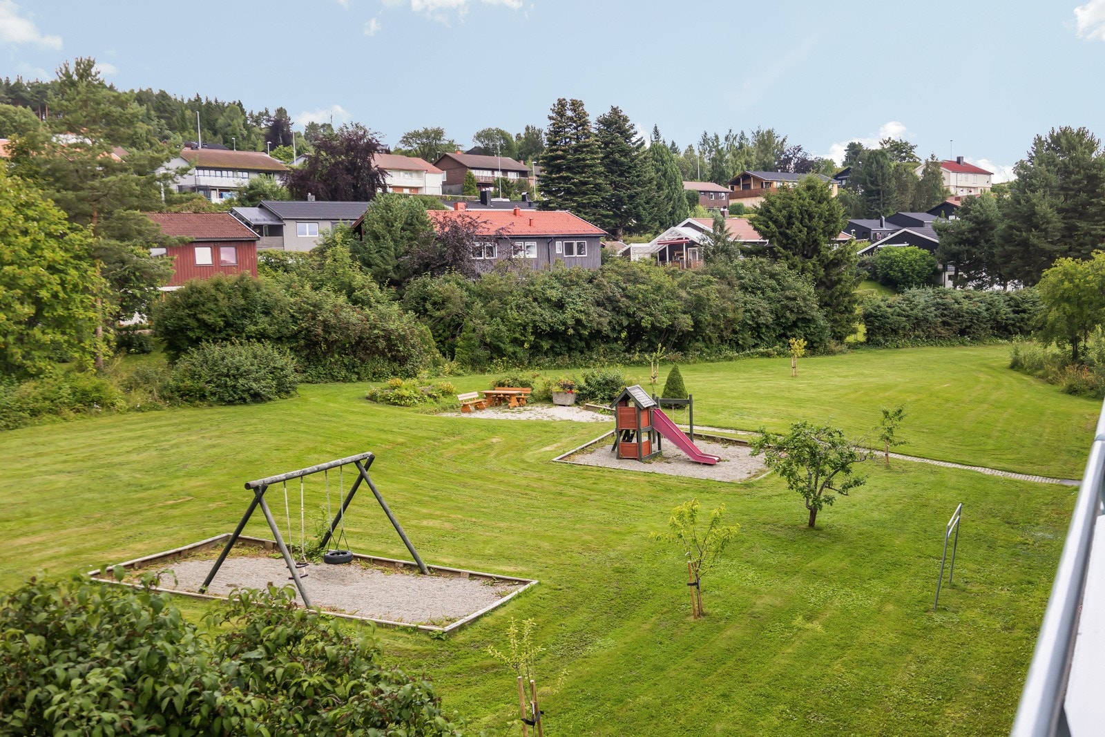 Fellesareal på sommerstid med pent opparbeidet gressplen og trær. Galleribilde