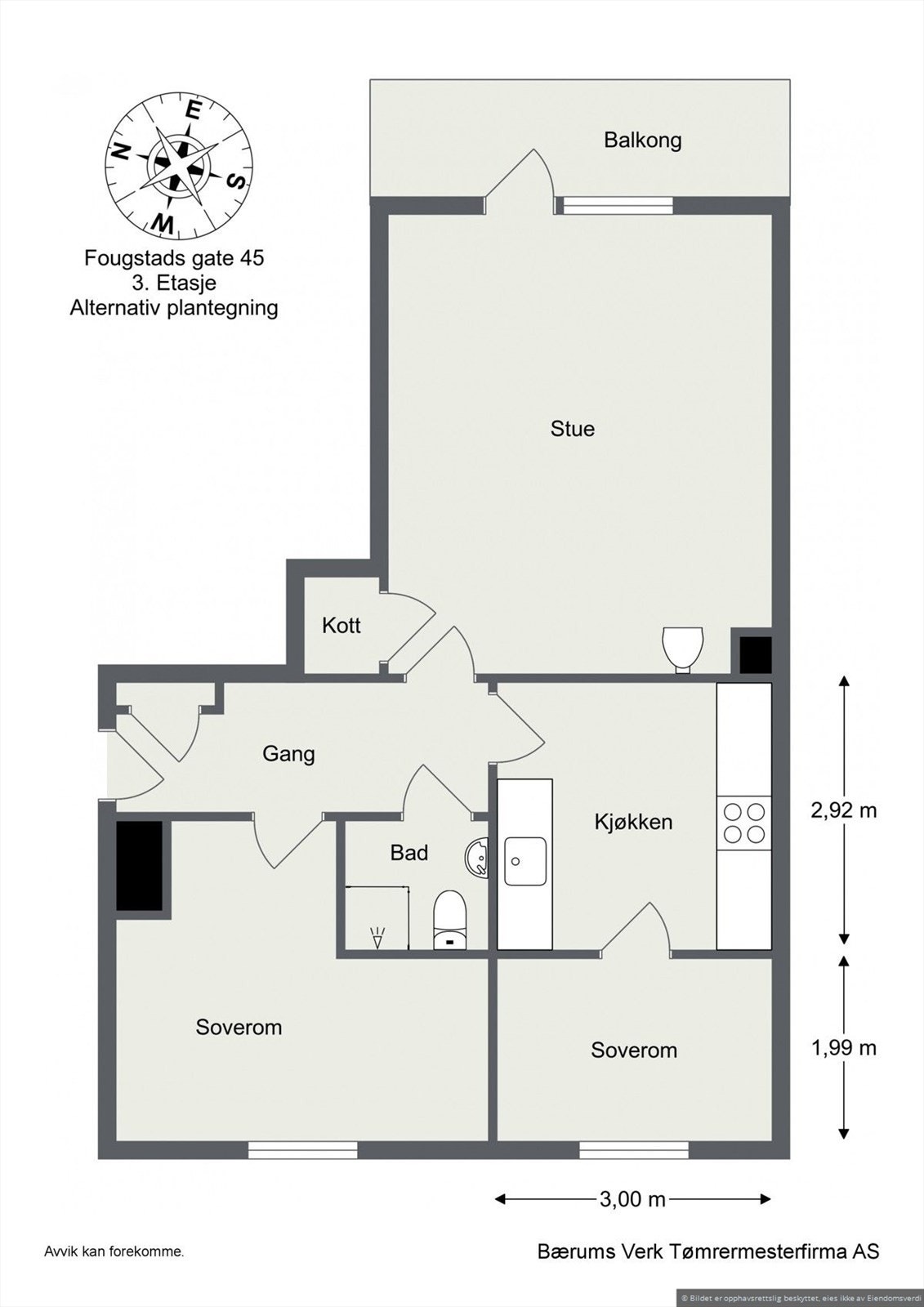 Alternativ plantegning med to soverom. Megler tar ikke på seg ansvaret for at arbeidet kan gjennomføres. Galleribilde