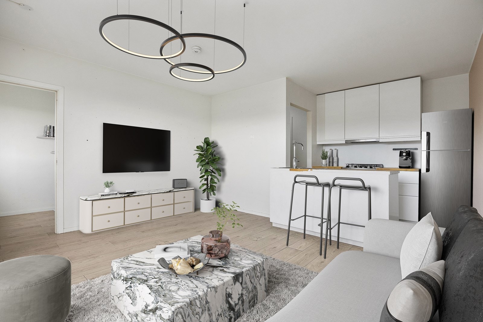 Denne leiligheten fremstår med oppussingsbehov, men har stort potensiale med arealsmart planløsning og fin beliggenhet i 11.etg m/heisadkomst | Digital styling Galleribilde