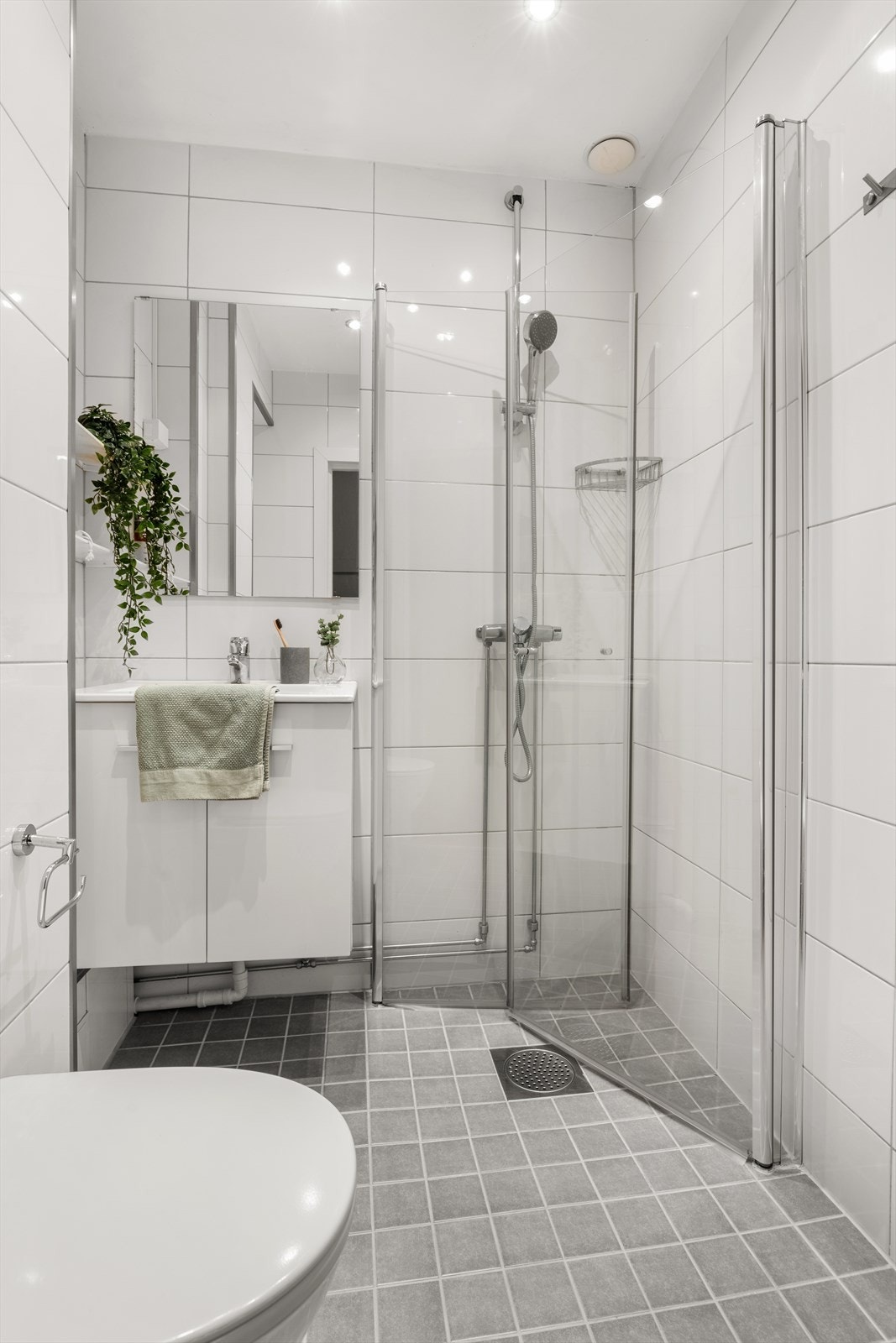 Videre har badet dusjhjørne med innfellbare glassdører og to-greps armatur påkoblet hånddusj og gulvstående toalett Galleribilde