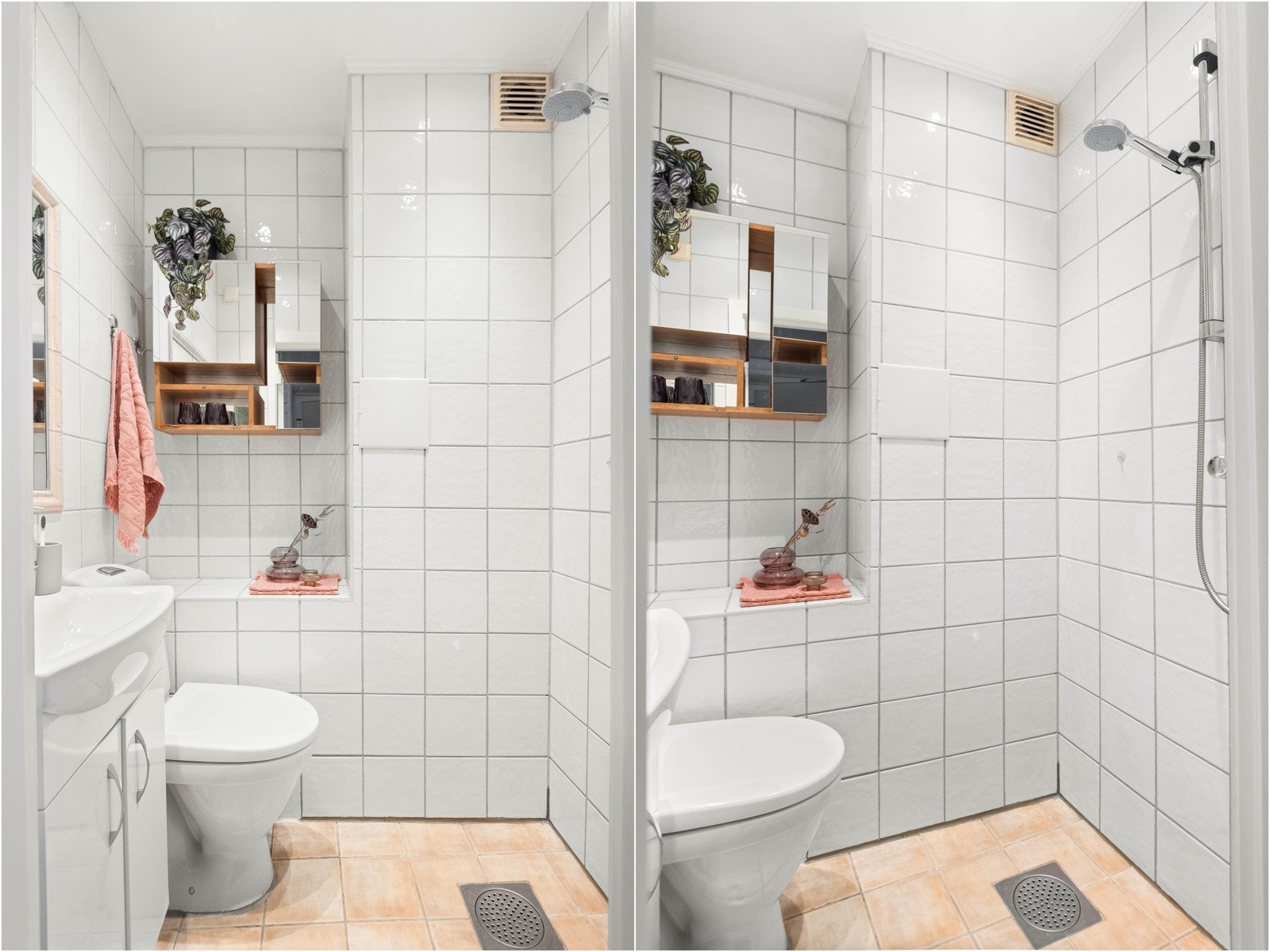 Lyst, flislagt bad med varmekabler i gulv. Galleribilde