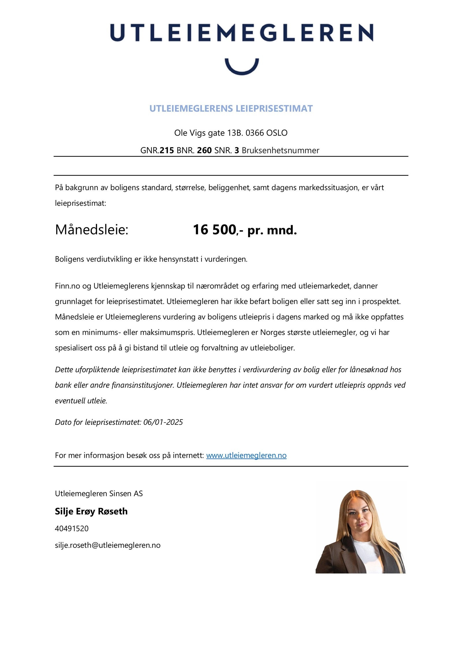 Utleiemeglerens leieprisestimat. Galleribilde