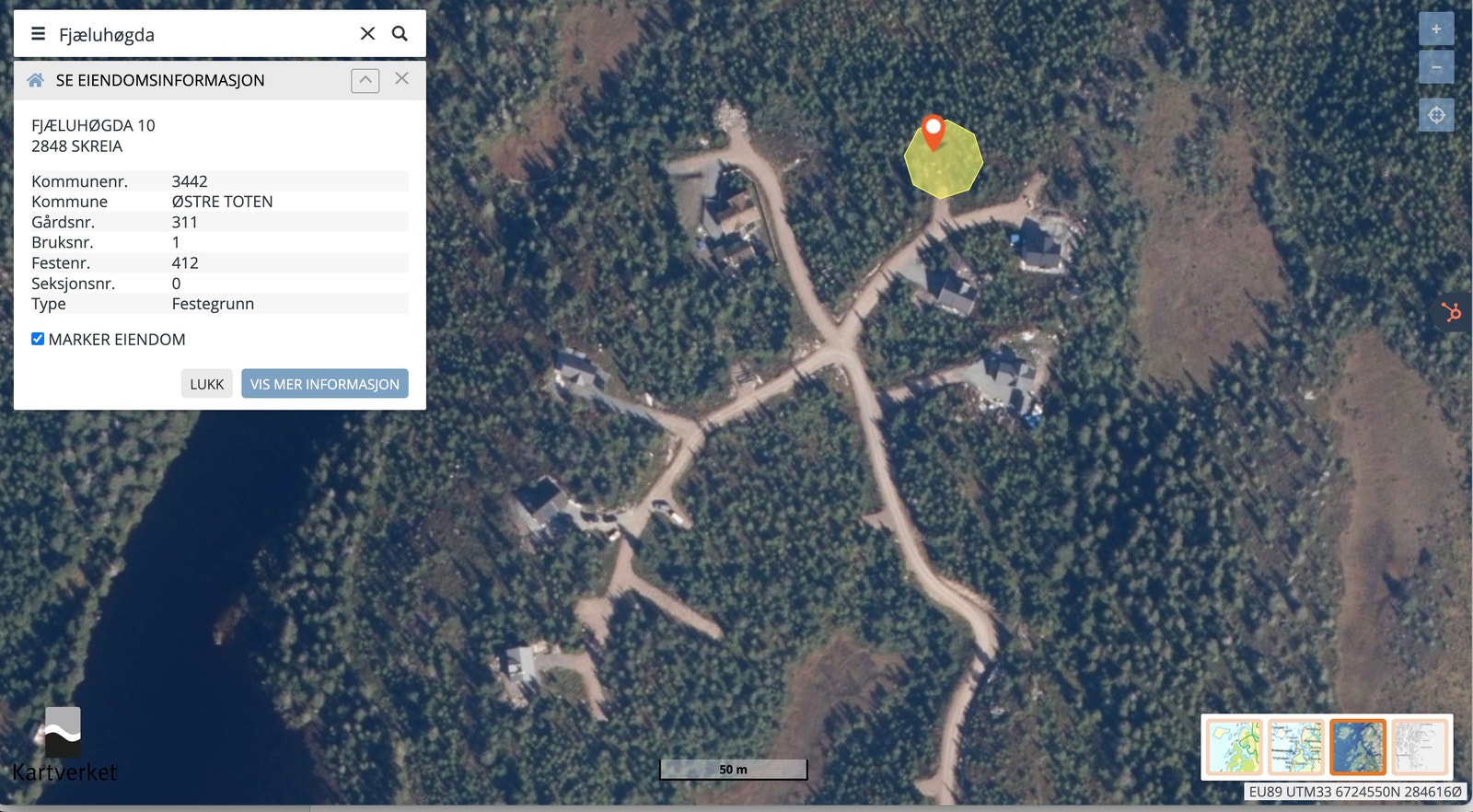 Fjæluhøgda 10, tomt 8 i bildepresentasjon. Screenshot: Seeiendom.no/Kartverket Galleribilde