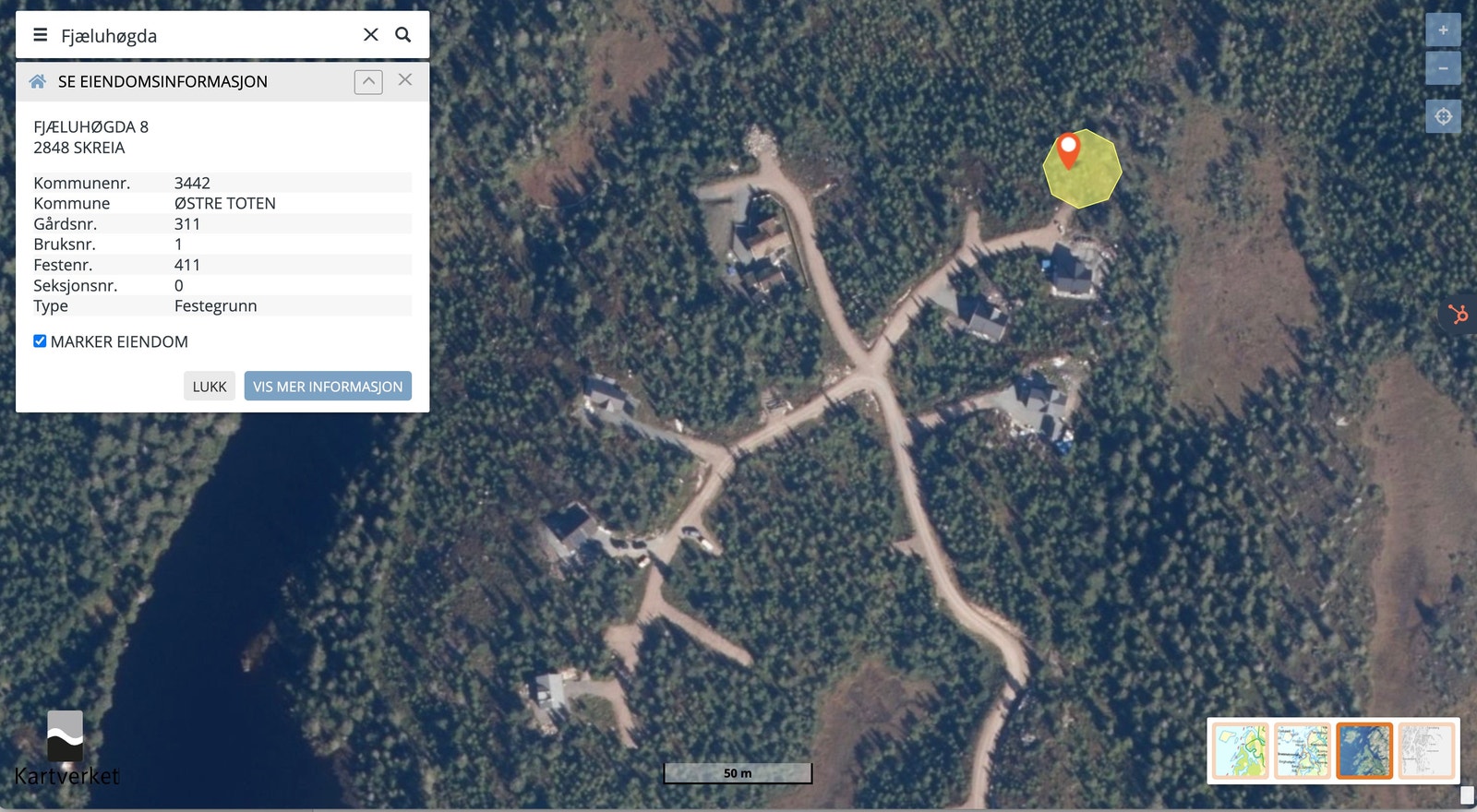 Fjæluhøgda 8, tomt 7 i bildepresentasjon. Screenshot: Seeiendom.no/Kartverket Galleribilde