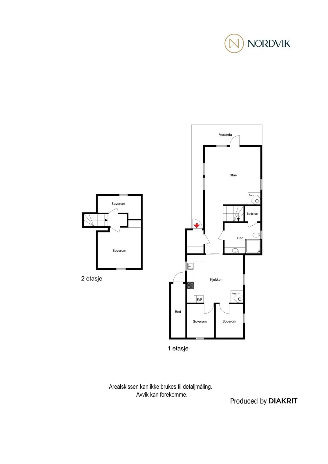 Skissert plantegning av fotograf. Det minste rommet definert som soverom i 2. etasje er definert som "innredet rom" av takstmann. Galleribilde