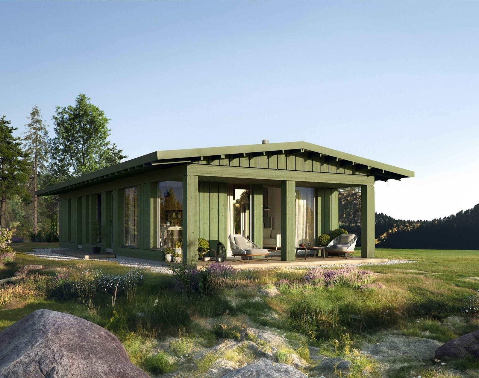 Sommer Vy - som skapt for lyse sommerdager! Bildet er en illustrasjon. Tomtene kan bebygges med flere andre hyttemodeller fra Faun-gruppen. Galleribilde