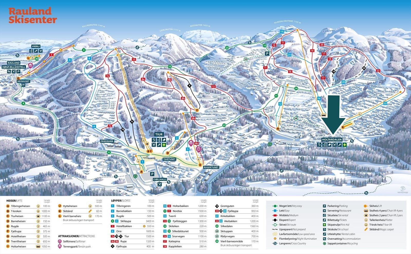 Fra eiendommen har du direkte tilgang til både alpin, langrenn og turløyper, her ser du løypekart for Raualand Skisenter Galleribilde