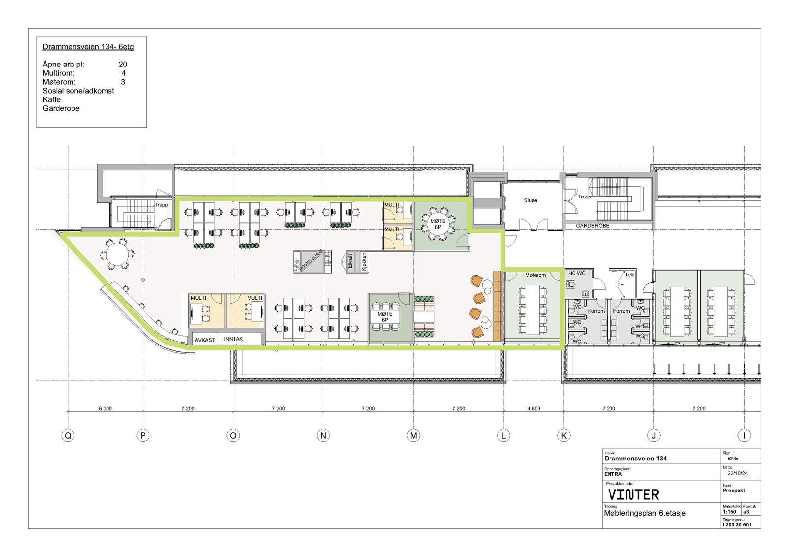 Forslag til møbleringsplan 6.etg med 20 arb.pl, 3 møterom og 4multirom. Areal 530 m2 BTA Galleribilde