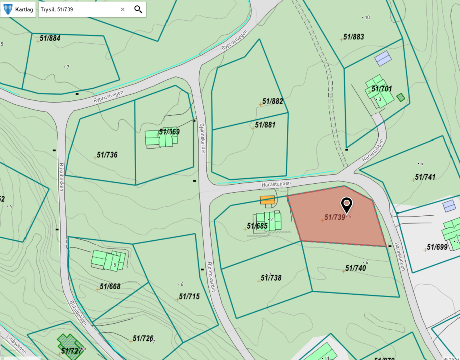 Tomtekart med tomt 51/739 markert Galleribilde