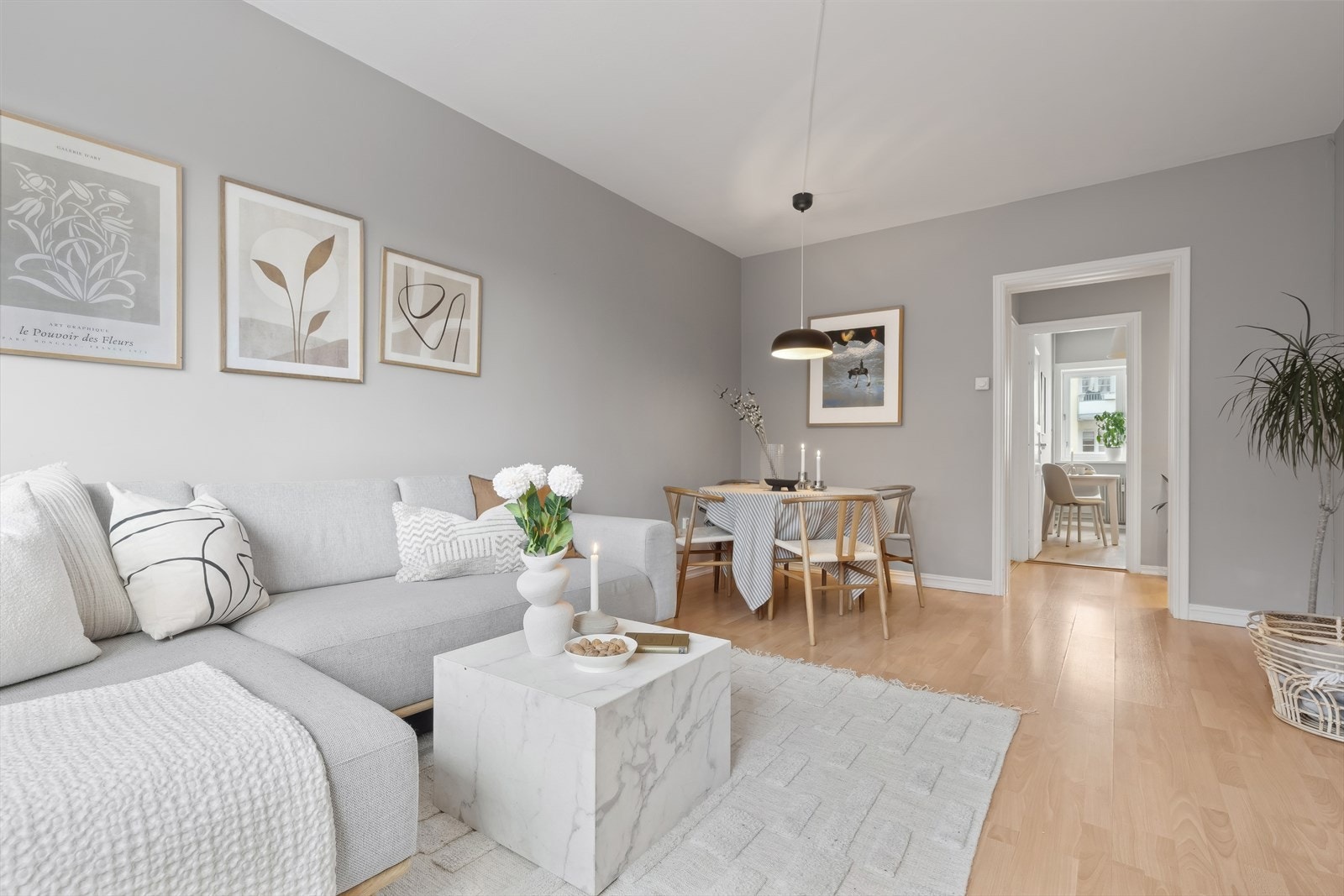 Stuen er av god størrelse og har plass til både sofaløsning samt spisebord Galleribilde