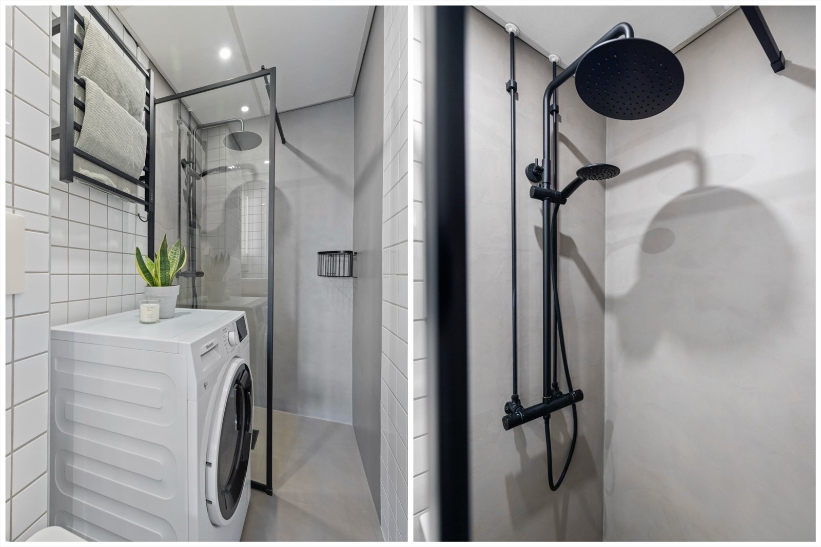 Badet ble oppgradert i 2022 med mikrosement, nytt servant, speilskap, håndkletørker, dusjvegg samt dusjarmatur. Galleribilde