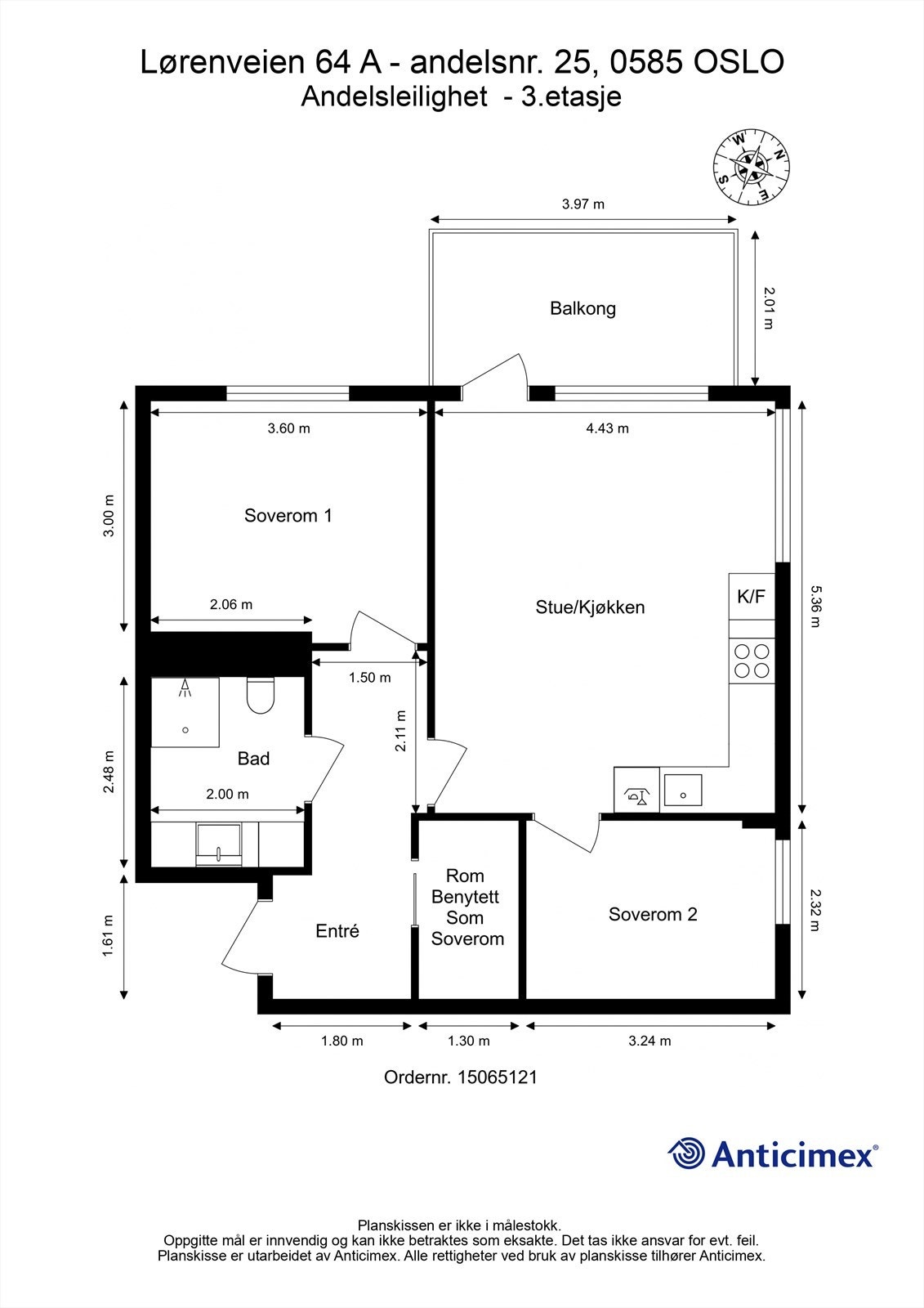 Målsatt planskisse - Lørenveien 64 A - 3. etasje Galleribilde