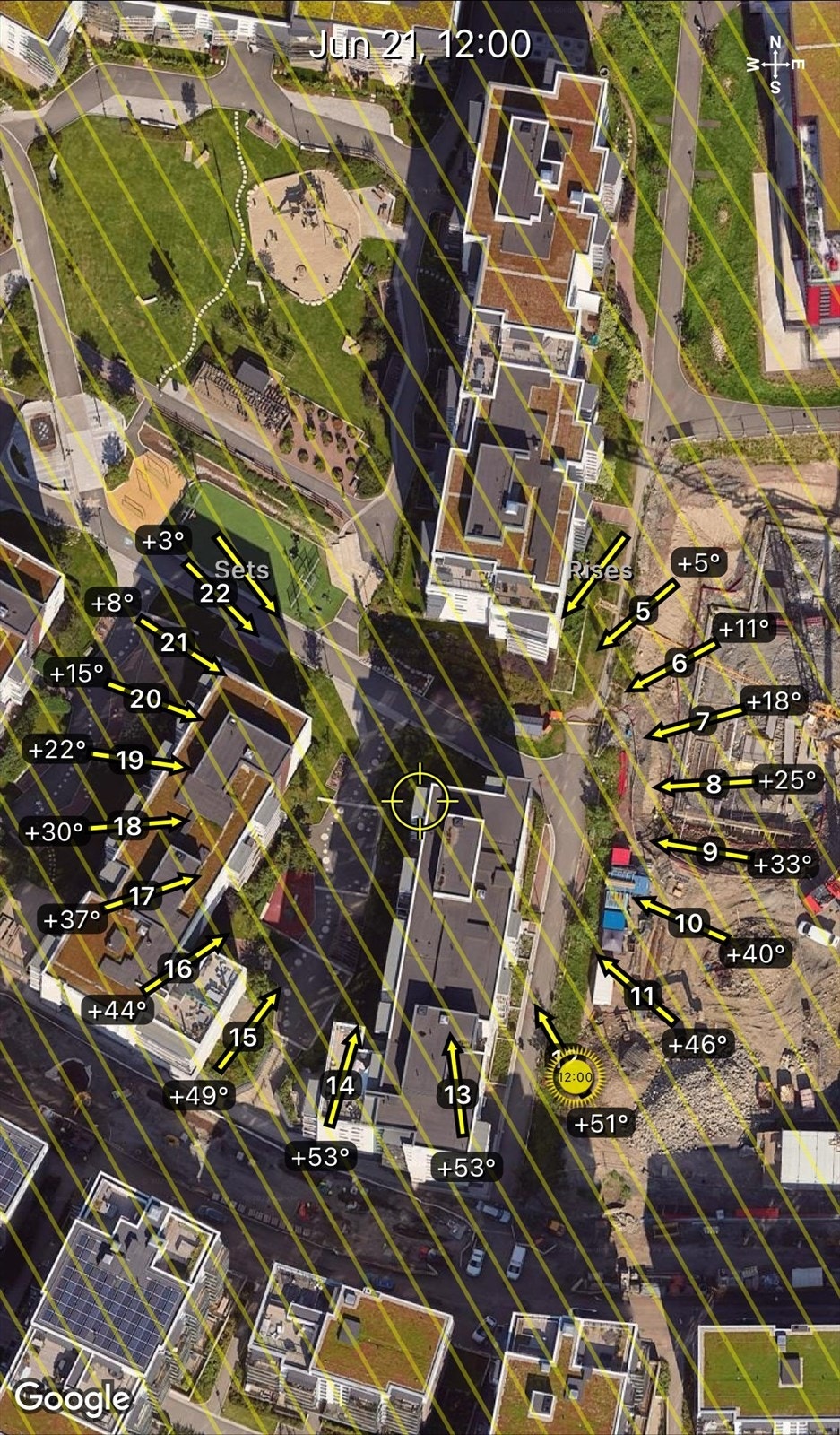 Soldiagram - Lørenveien 64 A - kun ment som en illustrasjon over solforholdene midtsommers (21. juni) Galleribilde