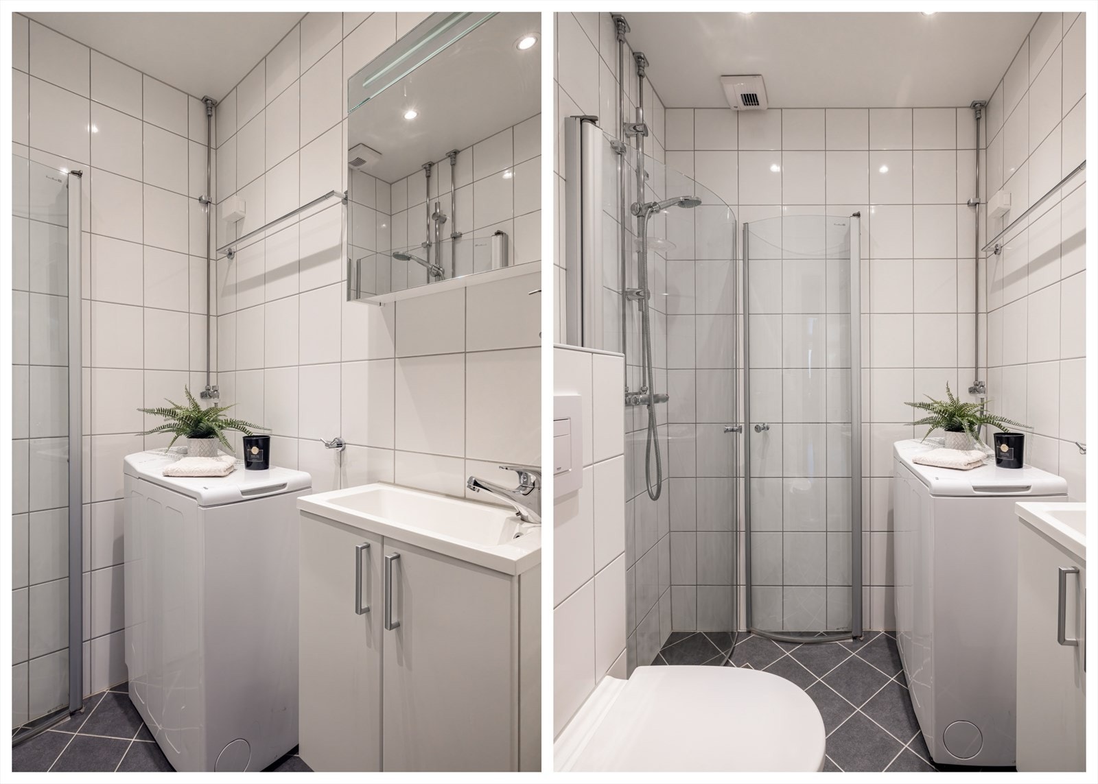 Lyst og pent flislagt bad fra 2015 med elektriske varmekabler i gulv og downlights i himling. Galleribilde