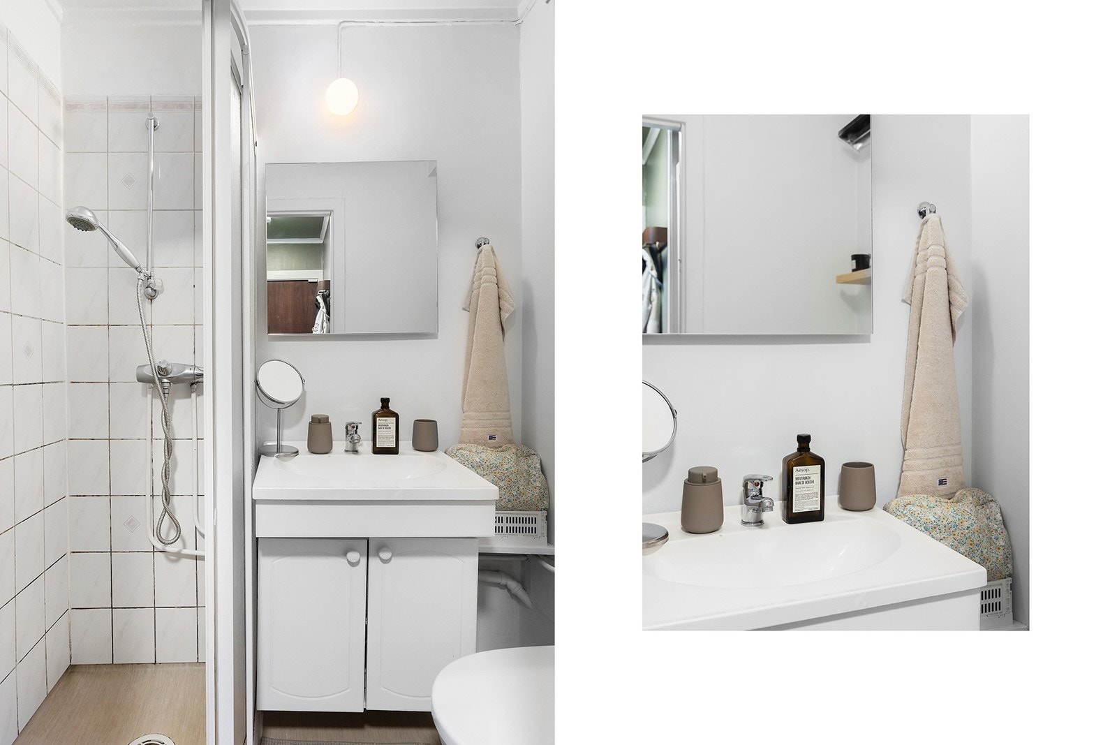 Lyst baderom med flislagte vegger. Toalettet ble byttet ut i 2024. Galleribilde