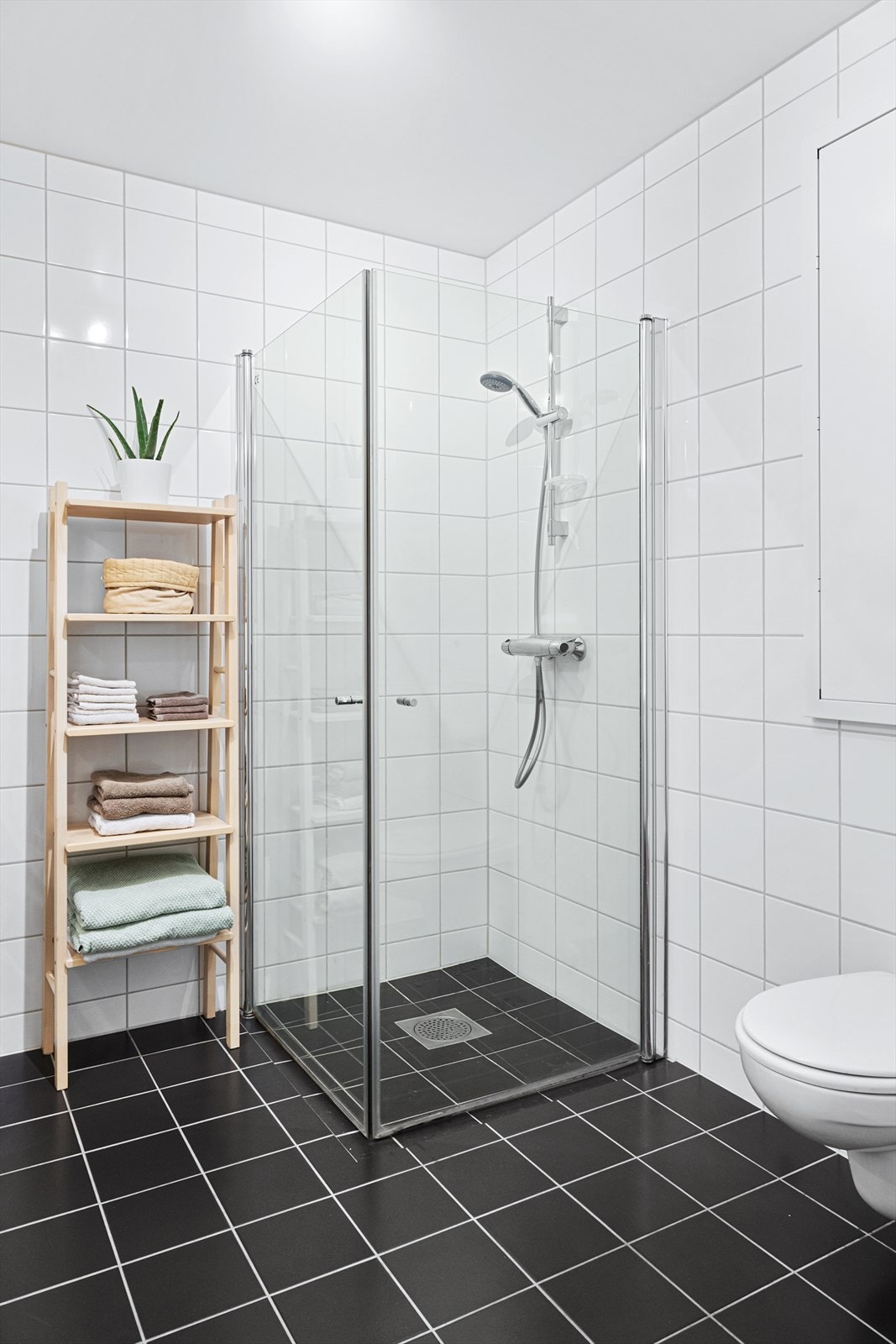 Innredet med dusjnisje, vegghengt wc, vask og opplegg til vaskemaskin og tørketrommel. Galleribilde