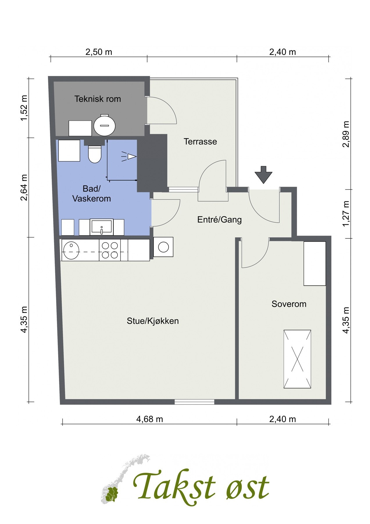 Plantegning. Fra takterrassen har du tilgang til oppvarmet teknisk bod med noe oppbevaringsmuligheter. Galleribilde