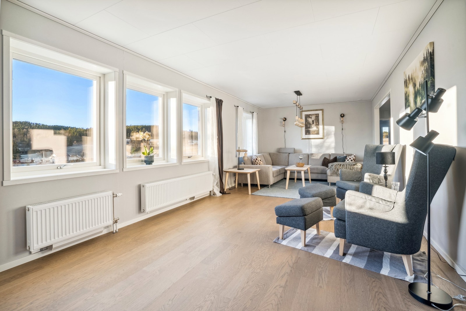 Stuen har lysmalte vegger og laminat på gulvet. Stuen er romslig med flere store vinduer som slipper inn godt med dagslys. Galleribilde