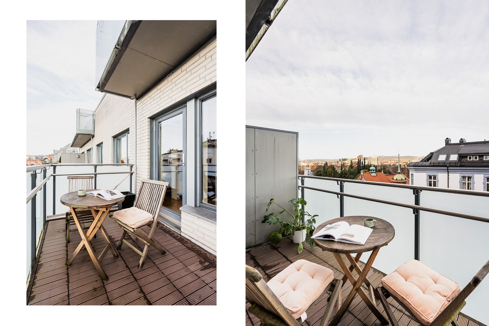 Balkongen har dekke av komposittheller, rekkverk i frostet glass, dels overbygg og fin plass til møbler. Galleribilde