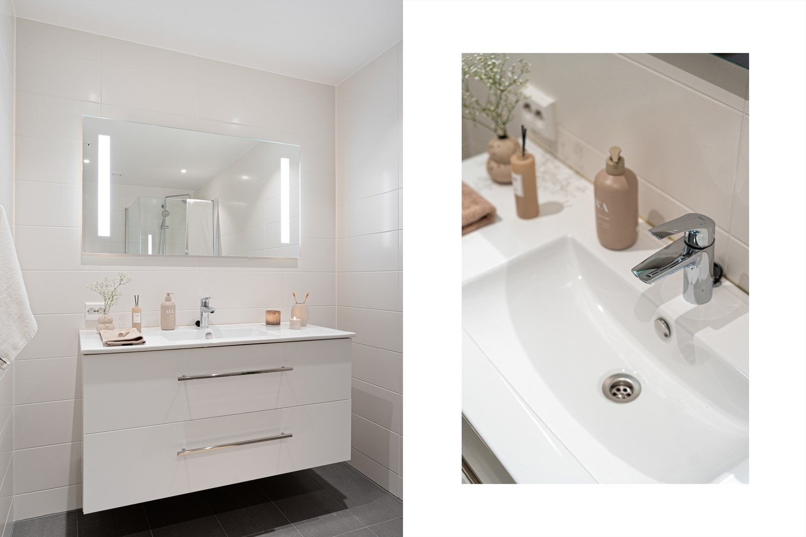 Innholdsrikt bad med innredning med servant, dusjhjørne og vegghengt toalett Galleribilde