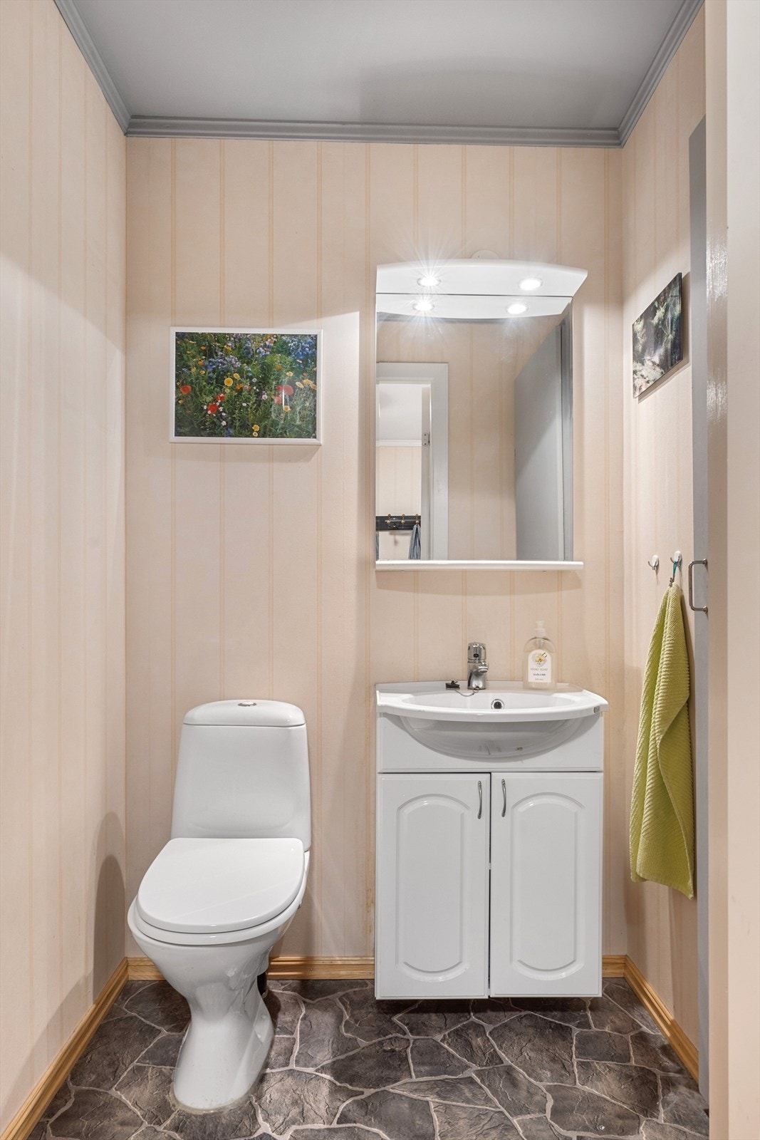 Toalettrommet er innredet med servantskap, speil med lys og toalett, samt tilgang til et kott. Galleribilde