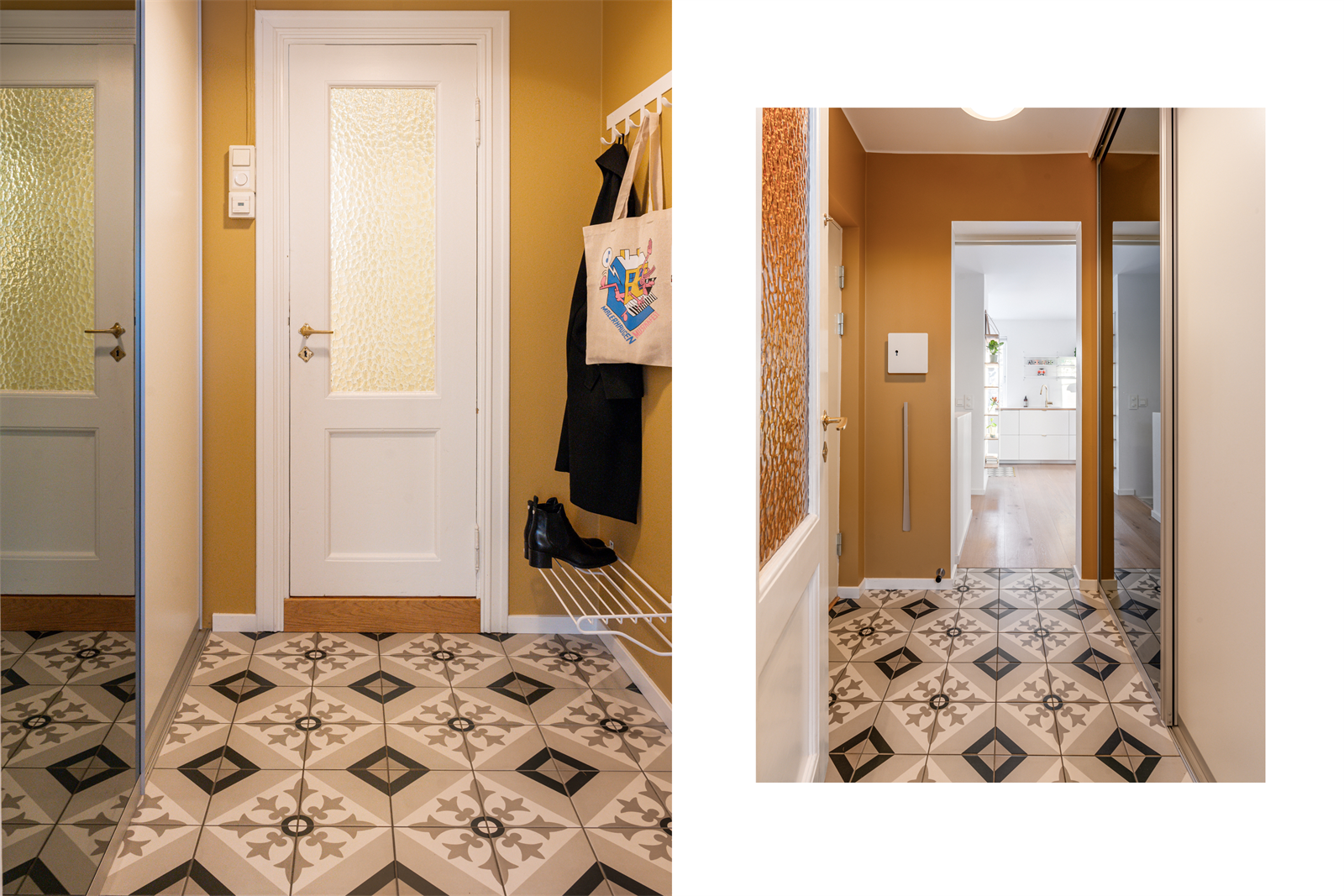 Innbydende entré med historiske fliser på gulvet og vegger malt i en varm og lun farge. Varmekabler i gulv. Galleribilde