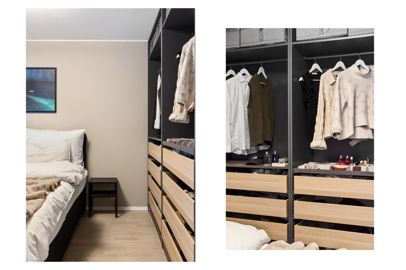 Nyere PAX garderobeløsning som gir rikelig med oppbevaringsplass samtidig som det opprettholder et ryddig og stilrent uttrykk. Galleribilde