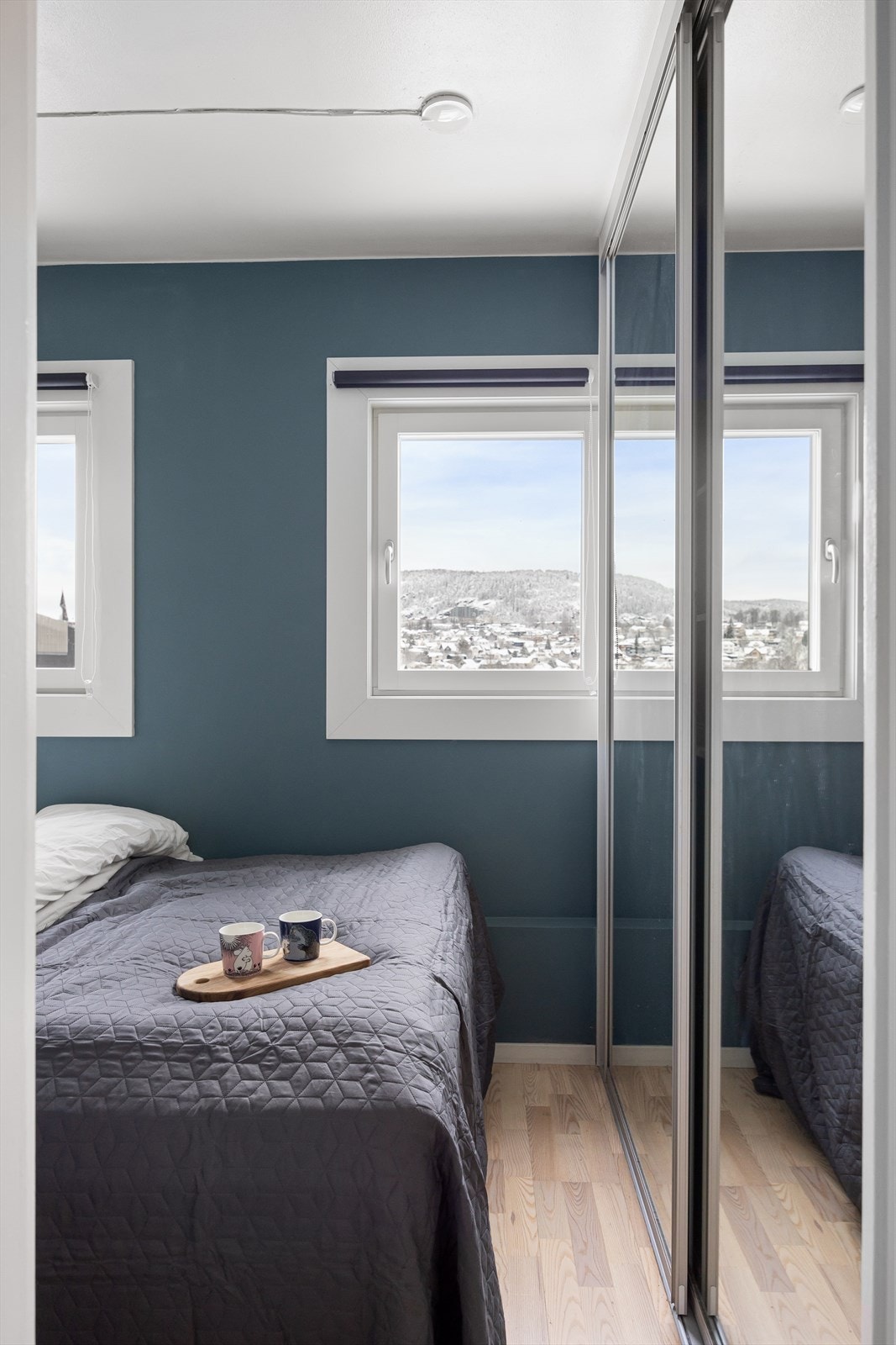 Det finnes også gode oppbevaringsmuligheter i en romslig skyvedørsgarderobe med speilfronter. Galleribilde