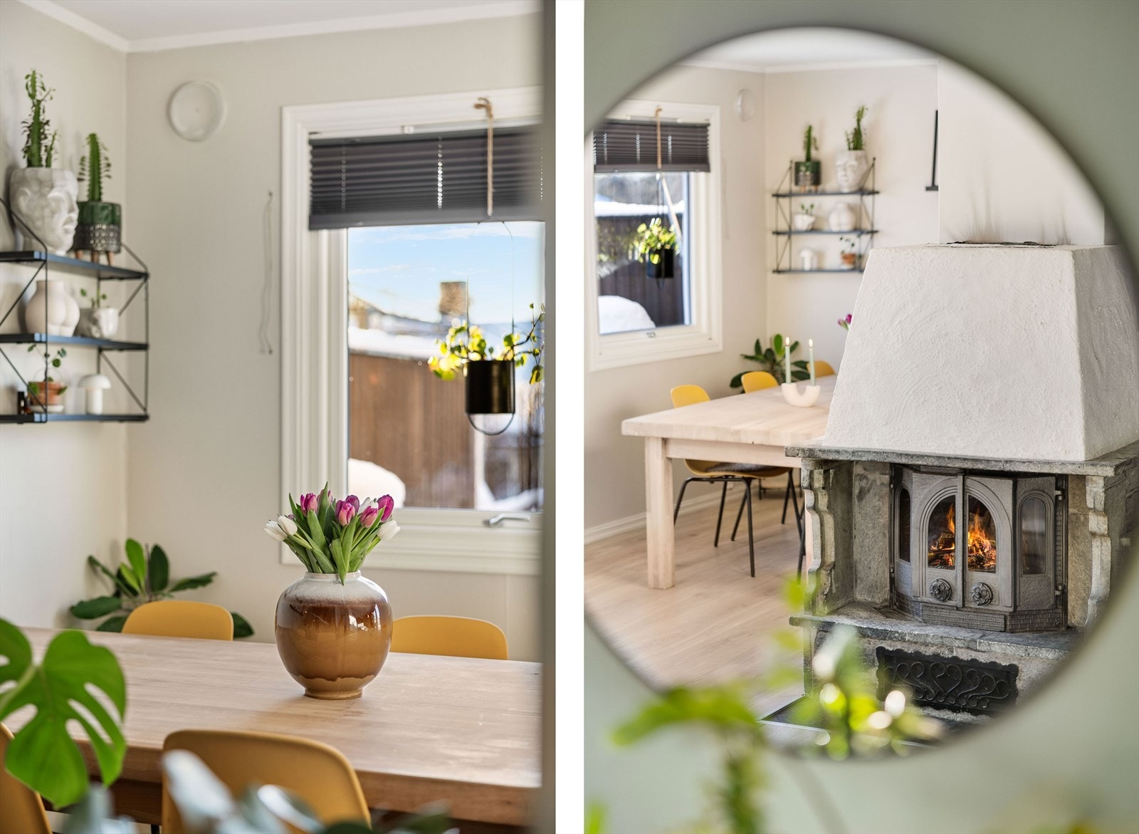 Stuen varmes opp av peisovn Galleribilde