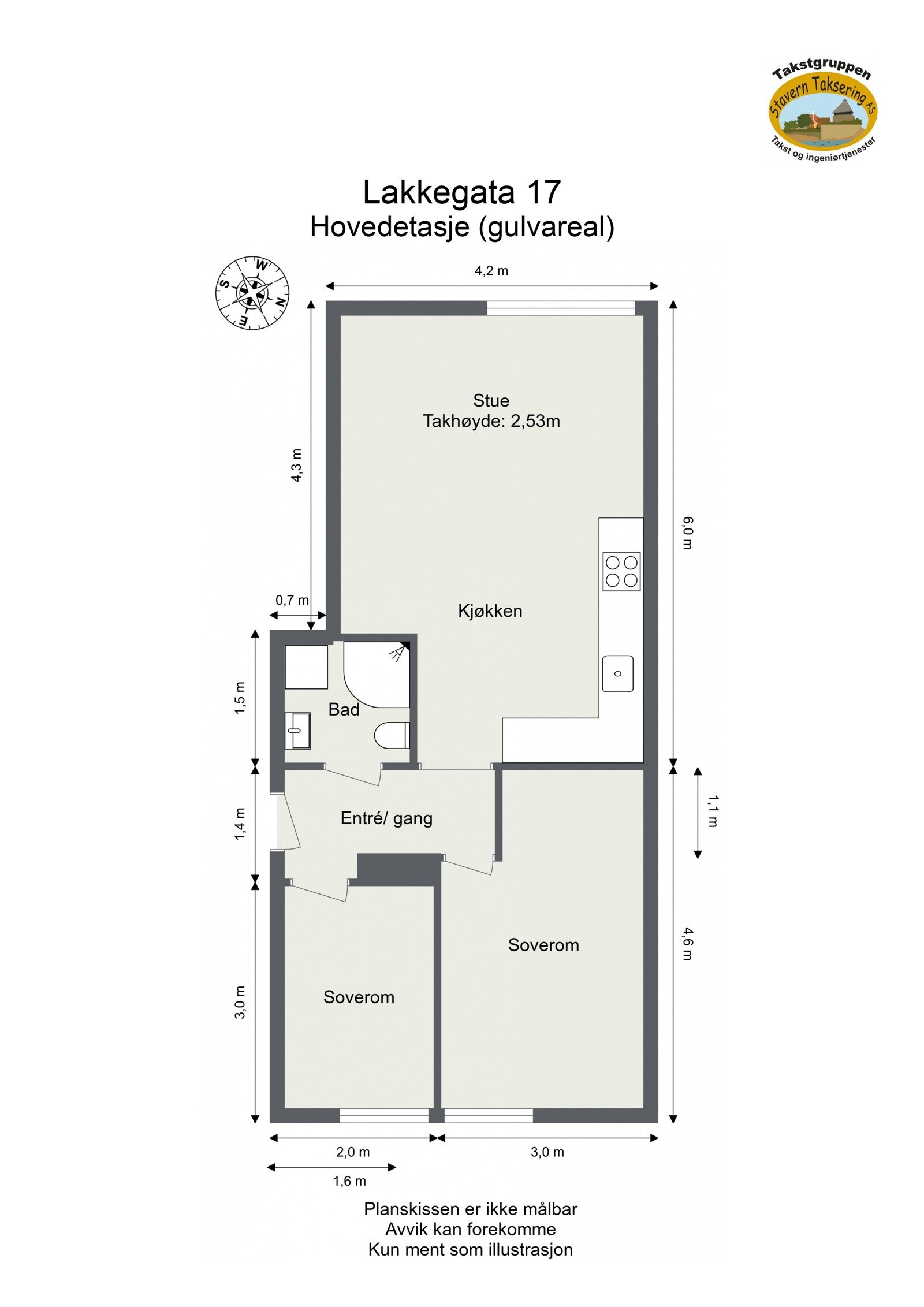 Plantegning. Leiligheten ligger i byggets 6. etasje med heisadkomst. Galleribilde