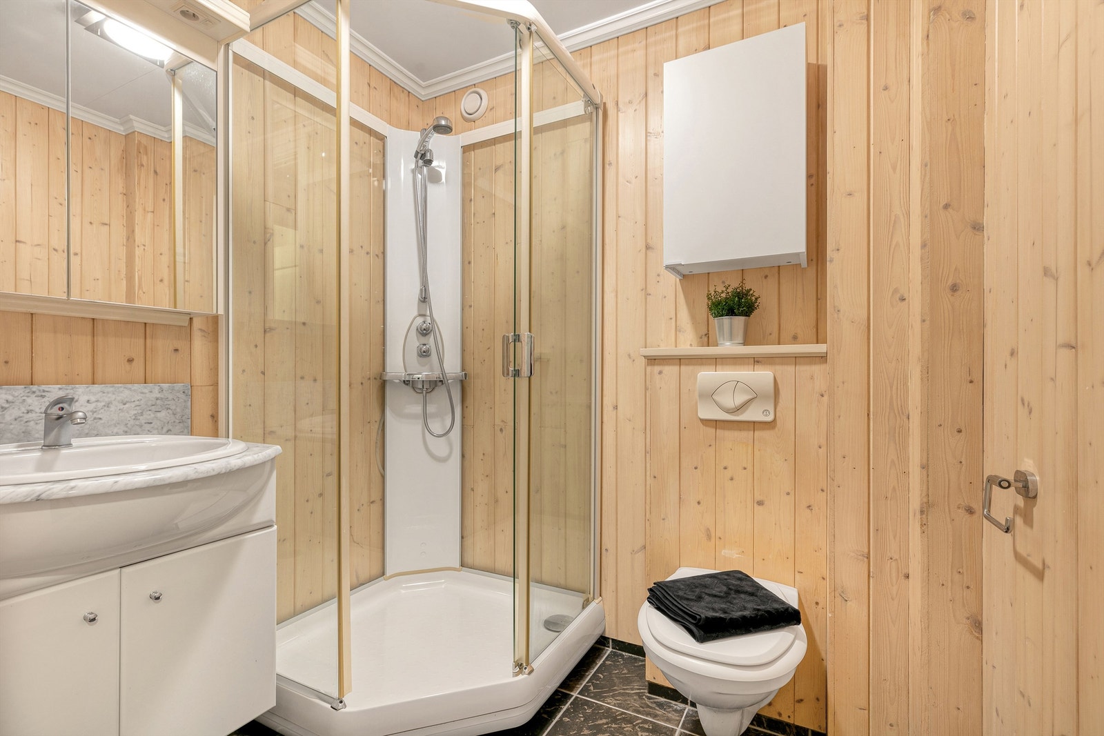 I boligens underetasje er etablert et toalettrom, innredet med dusjkabinett og servant med speilbelysning. Galleribilde