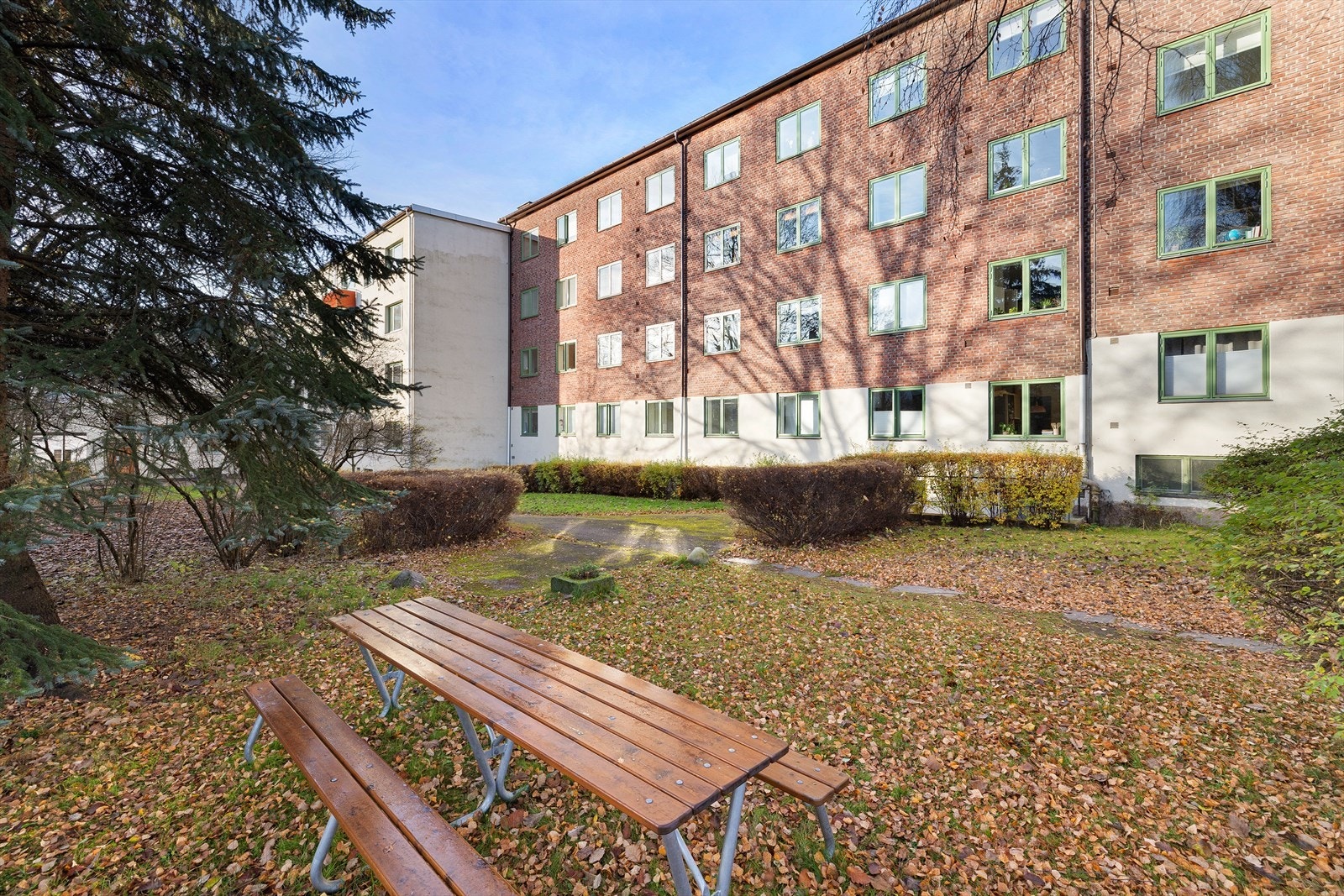 Skjermet og pent opparbeidet bakgård (bildet tatt høst 2024) Galleribilde