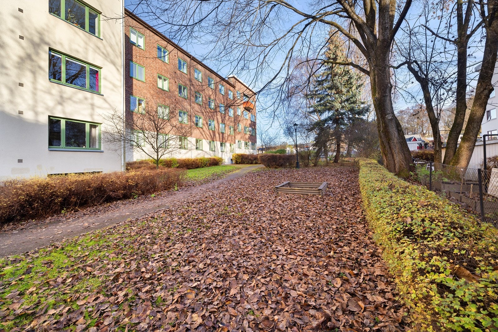 Skjermet og pent opparbeidet bakgård (bildet tatt høst 2024) Galleribilde