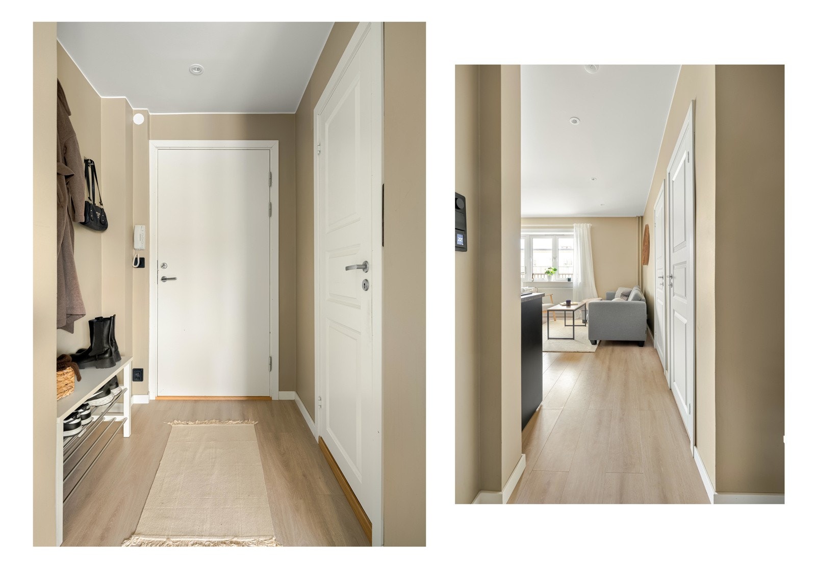 Entreen er både innbydende og praktisk. Her kan du henge fra deg yttertøy og sette fra deg sko. Galleribilde