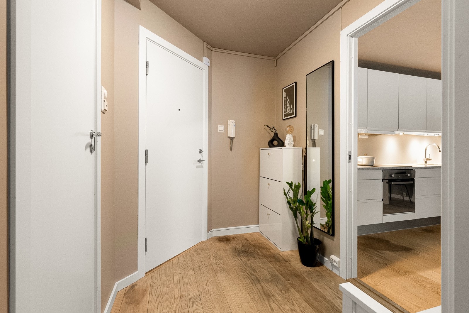 Lys entré med god plass til oppheng av yttertøy og plassering av sko. Galleribilde