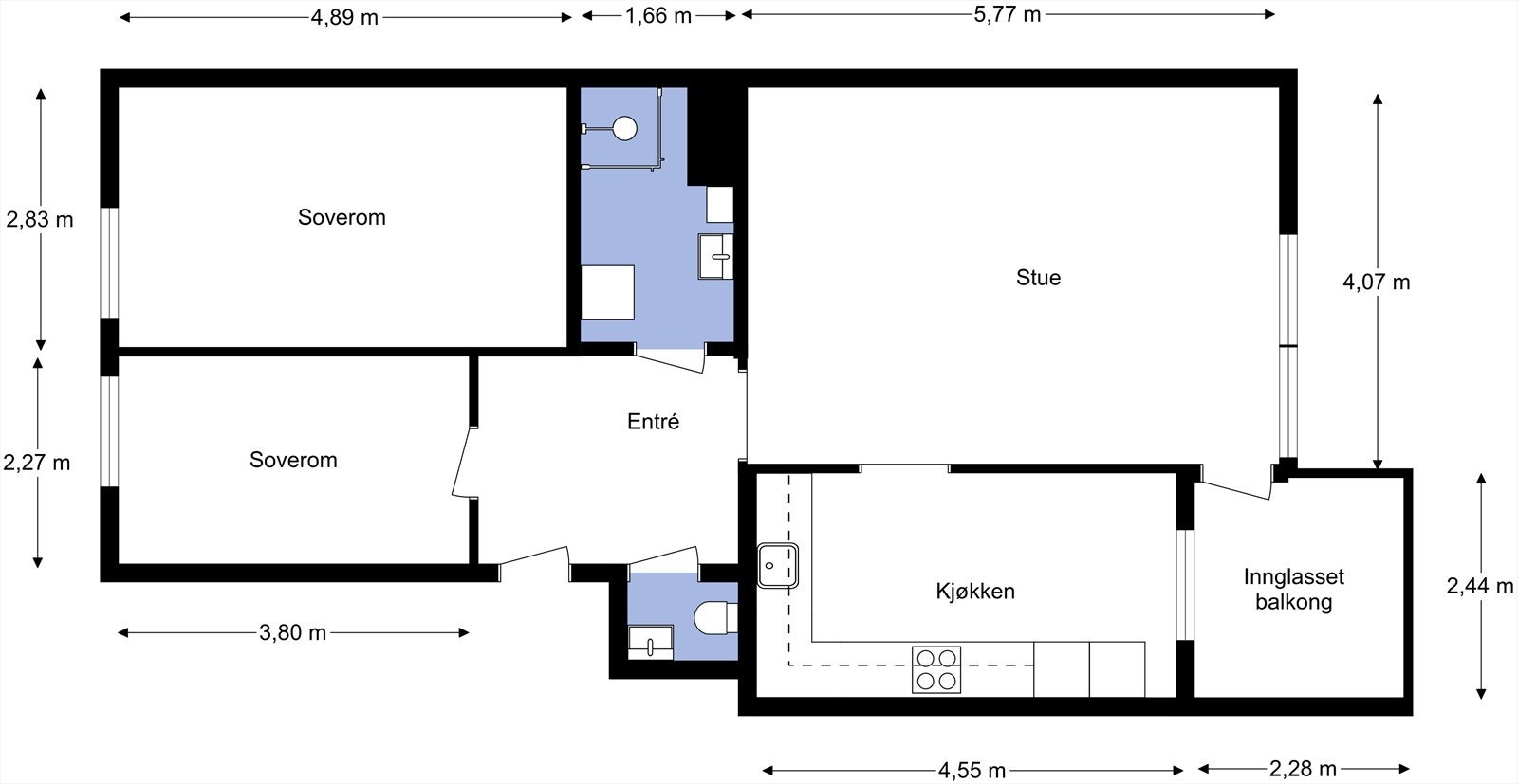 Plantegning. Leiligheten inneholder entré/gang, toalettrom, bad, 2 soverom, kjøkken og stue med utgang til innglasset balkong. Galleribilde
