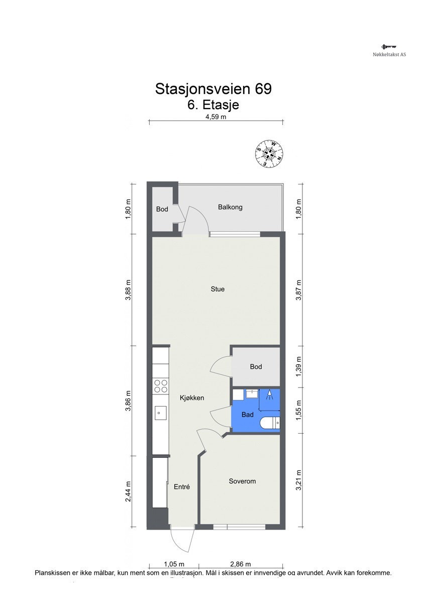 Planskisse 6.etg (48 kvm) - God planløsning bestående av en åpen og sosial kjøkken- og stueløsning, bod, romslig soverom med garderobeskap, baderom med opplegg til vaskemaskin/tørk og entré med skyvedørsgarderobe. Galleribilde